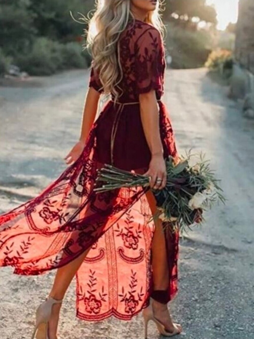 NWT Small Red Wine Merlot Lace Deep V Plunge Romper Maxi